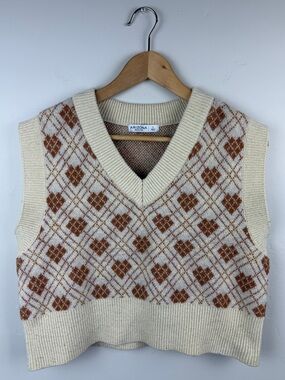 Arizona Jean Co Cream Brown Argyle Sweater Vest Large
